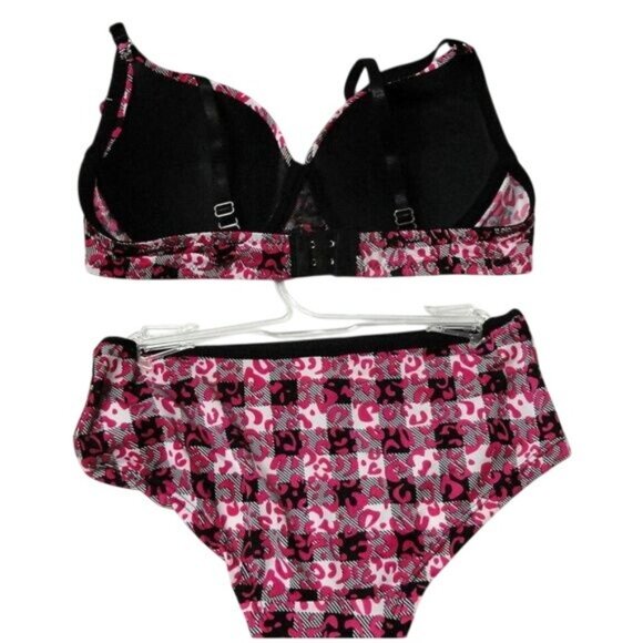 Inteco Intimates 36B 5 Padded Bra Panty Set Pink Black Adjustable Leopard Plaid - Picture 2 of 6